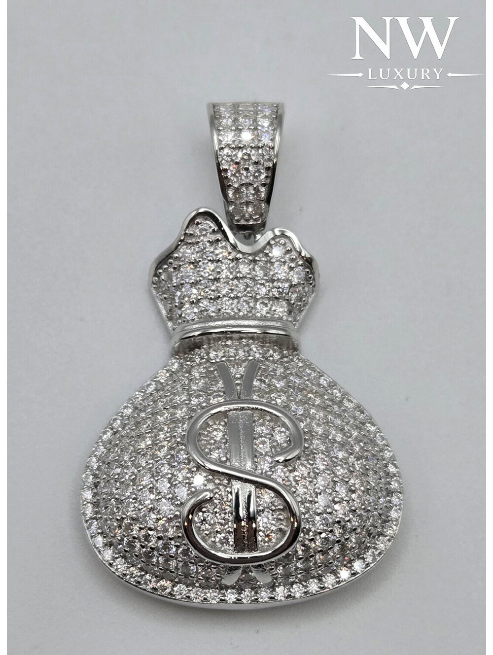 Solid 925 Sterling Silver Money Bag Pendant 6.0CTW VVS1 Moissanite Iced